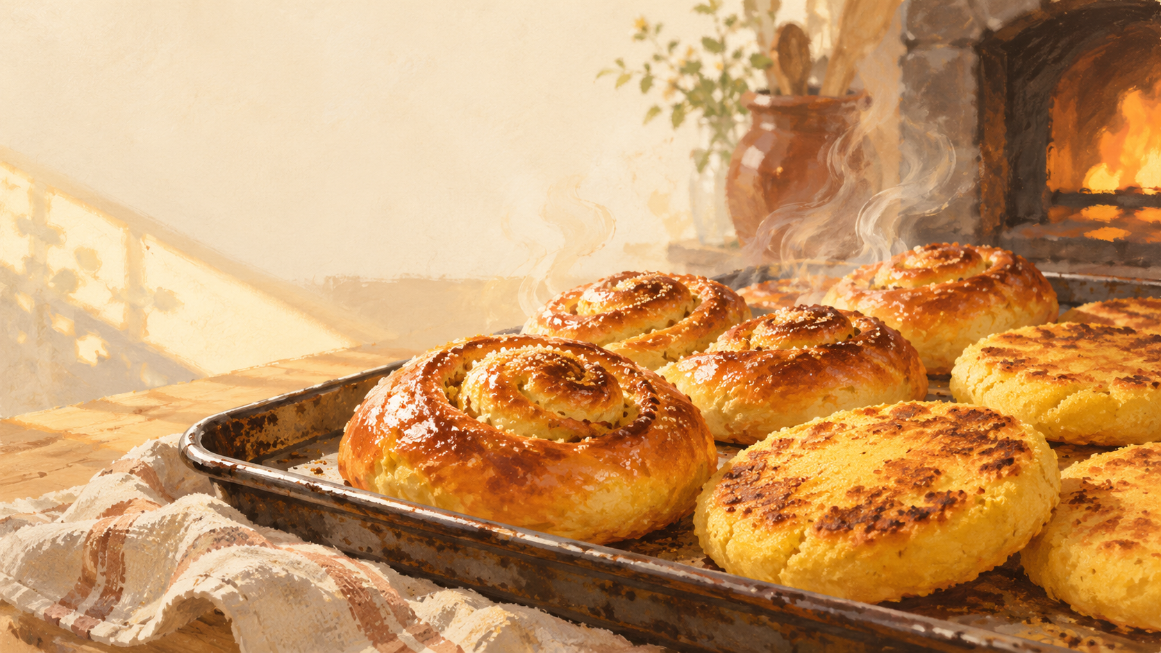 Illustration of golden sweet breads and corn arepas on a bakery tray at dawn, with gentle steam