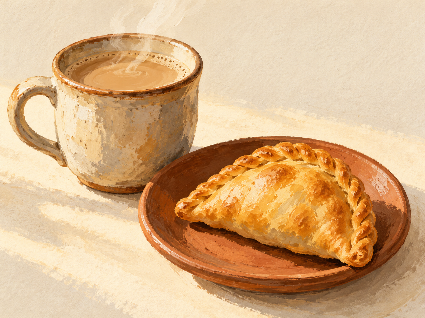 Illustration of a ceramic cup of milky coffee with rising steam beside an empanada on a clay plate
